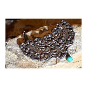 Antique Rust Black Brass Beaux Arts Pendant with Turquoise, on Copper Chain